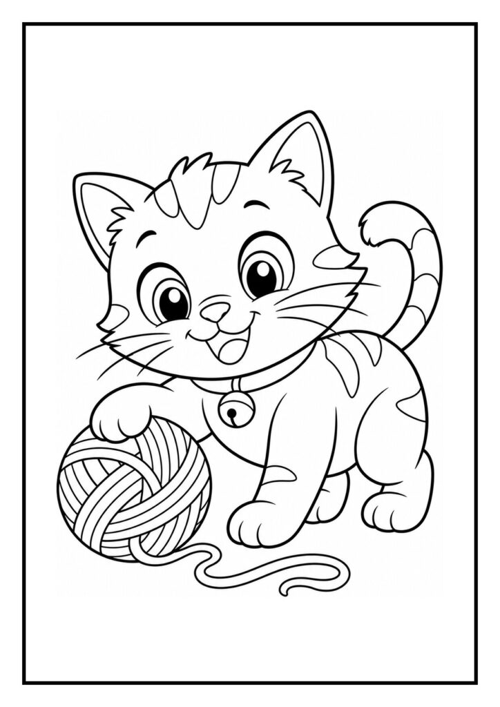 Speelse kitten die blij over een regenplas springt in een vrolijke kleurplaat voor kinderen