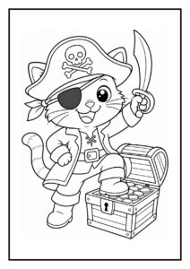 Vrolijke piratenkat met zwaard die een vriendje uit een mand redt op een schatkist