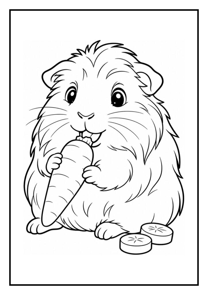 Kleurplaat van een Sheltie cavia die een appelhapje vindt