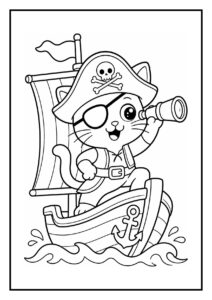 Schattige piratenkat op een boot met verrekijker, die een geheim gat in een muur ontdekt tijdens avontuur op zee