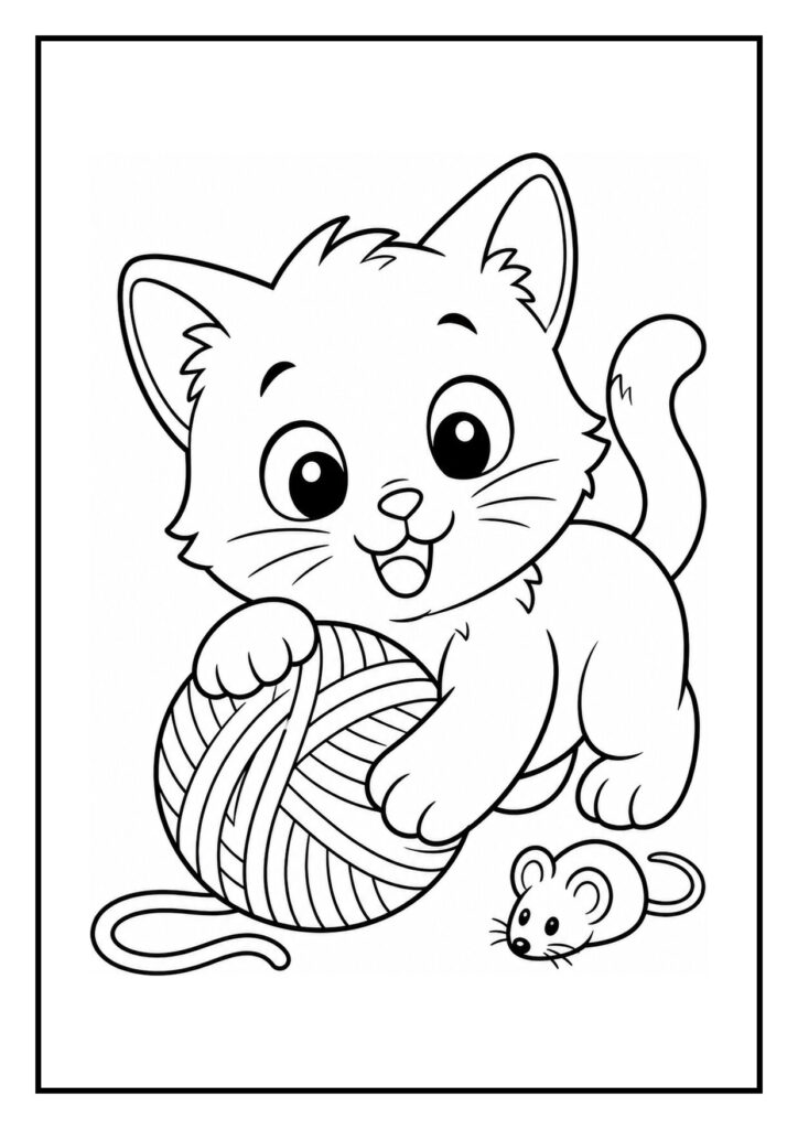 Kleurplaat van een schattige kitten die met een bolletje wol speelt en een kleine muis erbij
