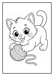 Schattige kleurplaat van een speelse kat die met een bol wol speelt