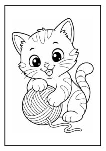 Leuke kleurplaat van een vrolijke schattige kat die speelt met een bol wol