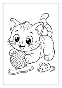 Leuke kleurplaat van een speelse kat die met een bol wol speelt en een muisje in de buurt heeft op een krabpaal