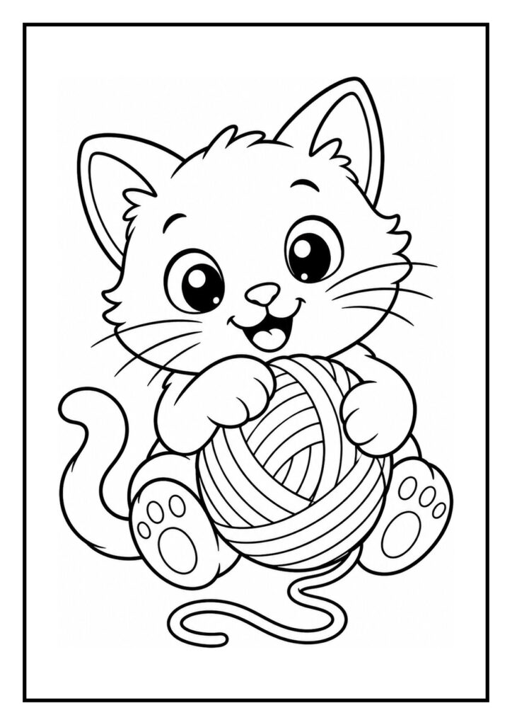 Vrolijke kleurplaat van een schattige kat die speelt met een bol wol