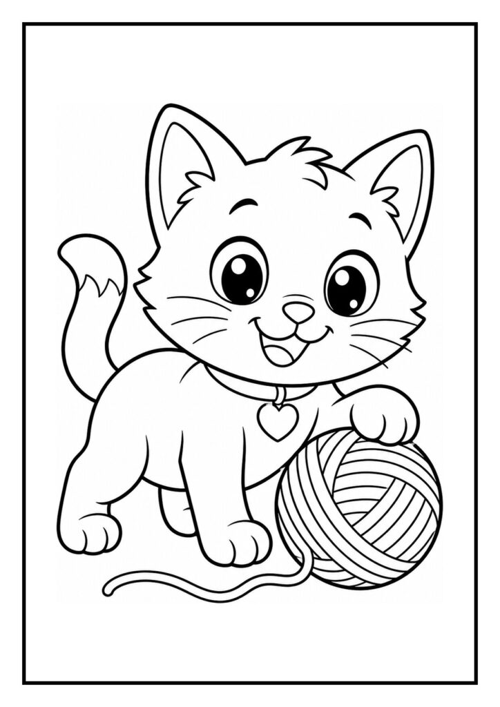 Leuke kleurplaat van een schattige kitten die vrolijk speelt met een bol wol