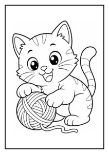 Leuke kleurplaat met een schattige kat die speelt met een bol wol