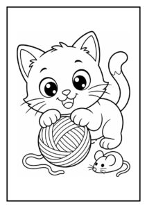 Schattige kat kleurplaat met een blij kijkende kat die speelt met een bol wol en een muisje erbij