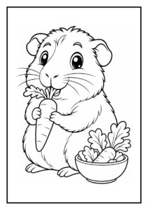 Kleurplaat van een schattige hamster die een knapperig wortelblad eet naast een kom met wortels