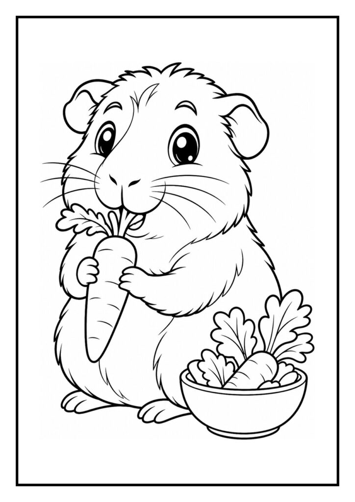 Kleurplaat van een schattige hamster die een knapperig wortelblad eet naast een kom met wortels