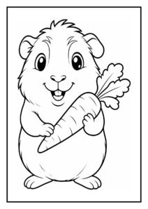 Vrolijke hamster kleurplaat die een grote wortel vasthoudt, geschikt voor kleuters