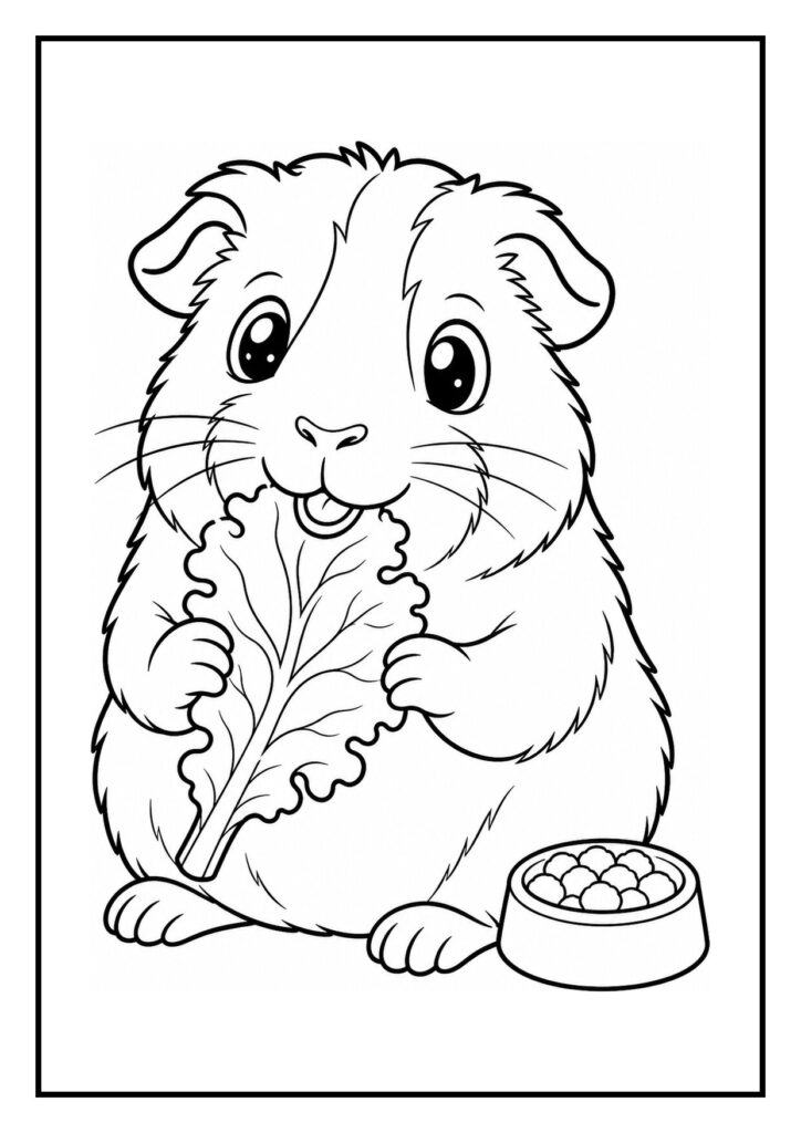 Kleurplaat van een schattige cavia die uit een mandje springt met een blaadje in de bek.