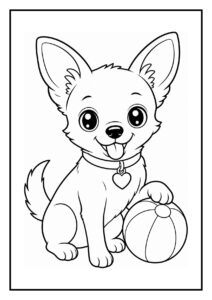 Kleurplaat van een schattige chihuahua puppy die met zijn poot op een bal rust tijdens een opgeblazen ballonnenrace, geschikt voor jonge kinderen.