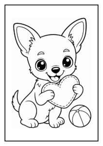 Leuke kleurplaat van een schattige chihuahua hond die een hartvormig kussen vasthoudt en naast een bal zit.