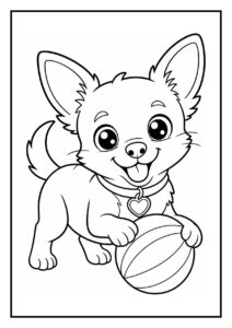 Kleurplaat van een vrolijke Chihuahua die in een mandje ligt met een deken en een trekspel