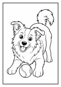 Kleurplaat van een Border Collie die vrolijk achter een vlinder aan rent in een speels tafereel