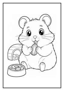 Kleurplaat van een schattige hamster die zijn wangen vult met kleine zaden, met een voerbak en huisje op de achtergrond.