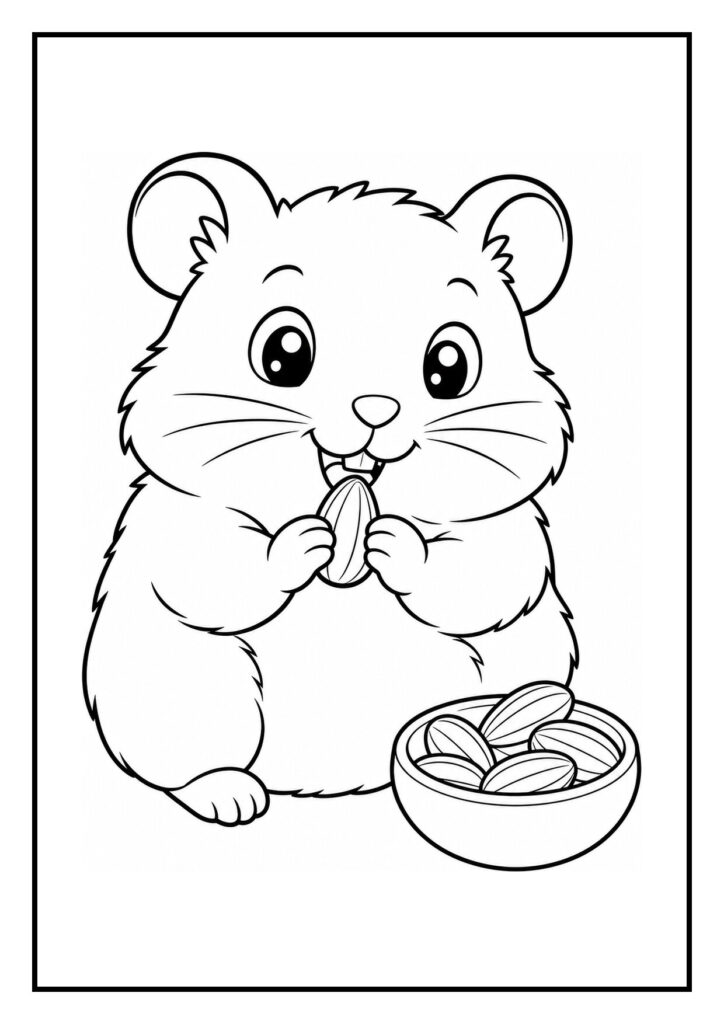 Kleurplaat van een hamster die blij een zonnebloempit eet uit een schaaltje terwijl het een knus nest bouwt