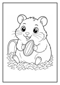 Kleurplaat van een schattige hamster die een noot vasthoudt en deze naar zijn voorraad brengt op een nest