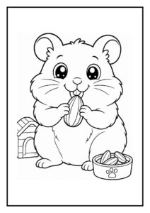 Kleurplaat van een schattige hamster die een zonnebloempit vasthoudt met een bakje vol zaden en een klein huisje op de achtergrond