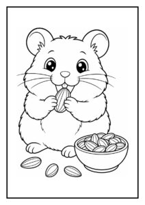 Kleurplaat van een schattige hamster die zaden eet met een bakje zaden ernaast