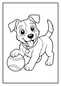 Kleurplaat van een vrolijke Jack Russell terrier die in één sprong een bal vangt.