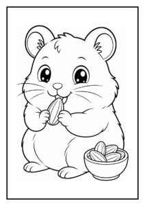 Kleurplaat van een schattige hamster die zich verstopt tussen het bodemmateriaal en zonnebloempitten eet