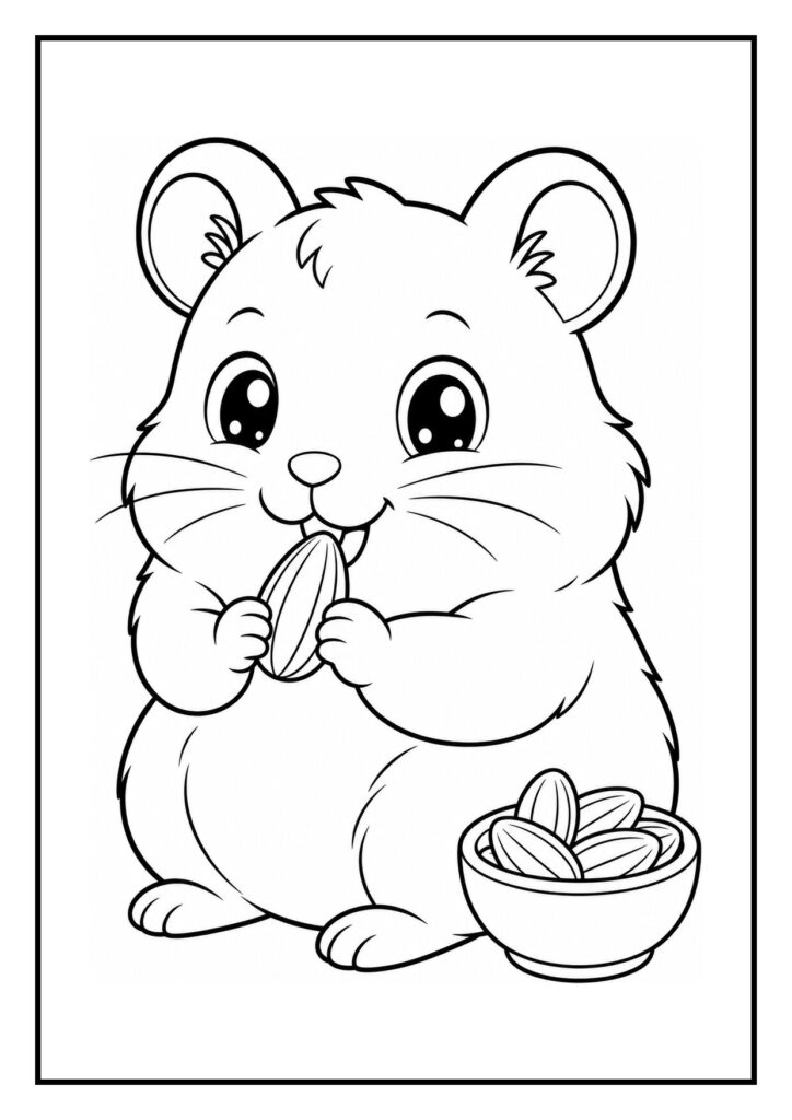 Kleurplaat van een schattige hamster die zich verstopt tussen het bodemmateriaal en zonnebloempitten eet