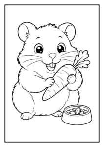 Leuke kleurplaat van een vrolijke hamster die een grote wortel vasthoudt naast een voerbakje