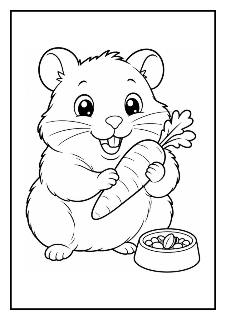 Leuke kleurplaat van een vrolijke hamster die een grote wortel vasthoudt naast een voerbakje