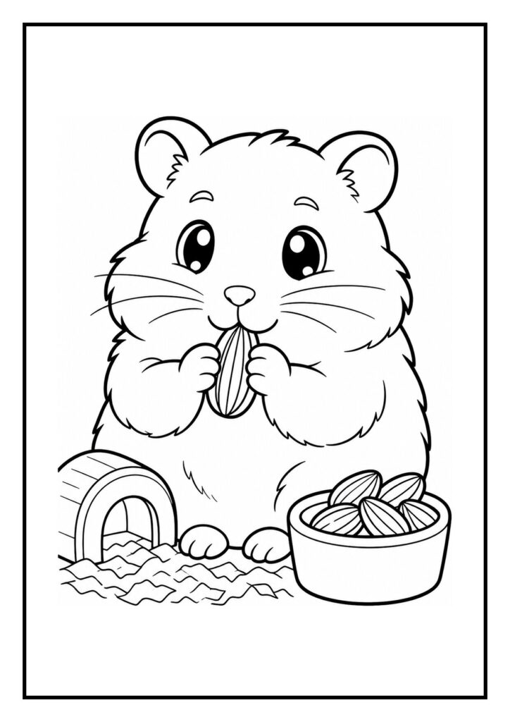 Kleurplaat van een schattige hamster die noten eet bij een huisje en een bak noten, geschikt voor kleuters