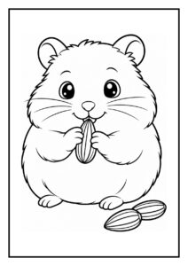 Schattige zwart-wit kleurplaat van een hamster die zonnebloempitten eet en onderweg is