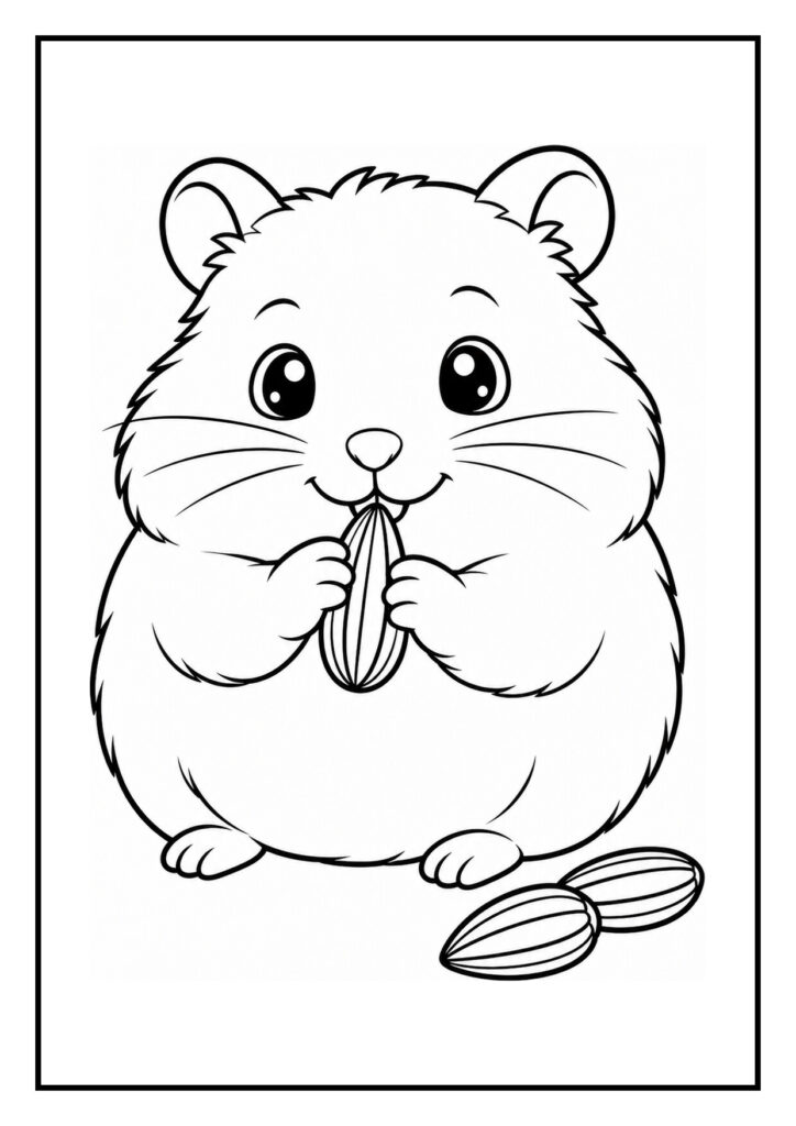 Schattige zwart-wit kleurplaat van een hamster die zonnebloempitten eet en onderweg is