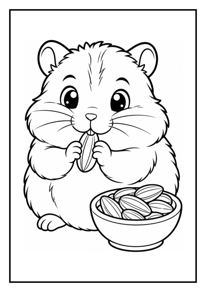 Kleurplaat van een schattige hamster die een zonnebloempit eet met een kommetje vol zonnebloempitten erbij