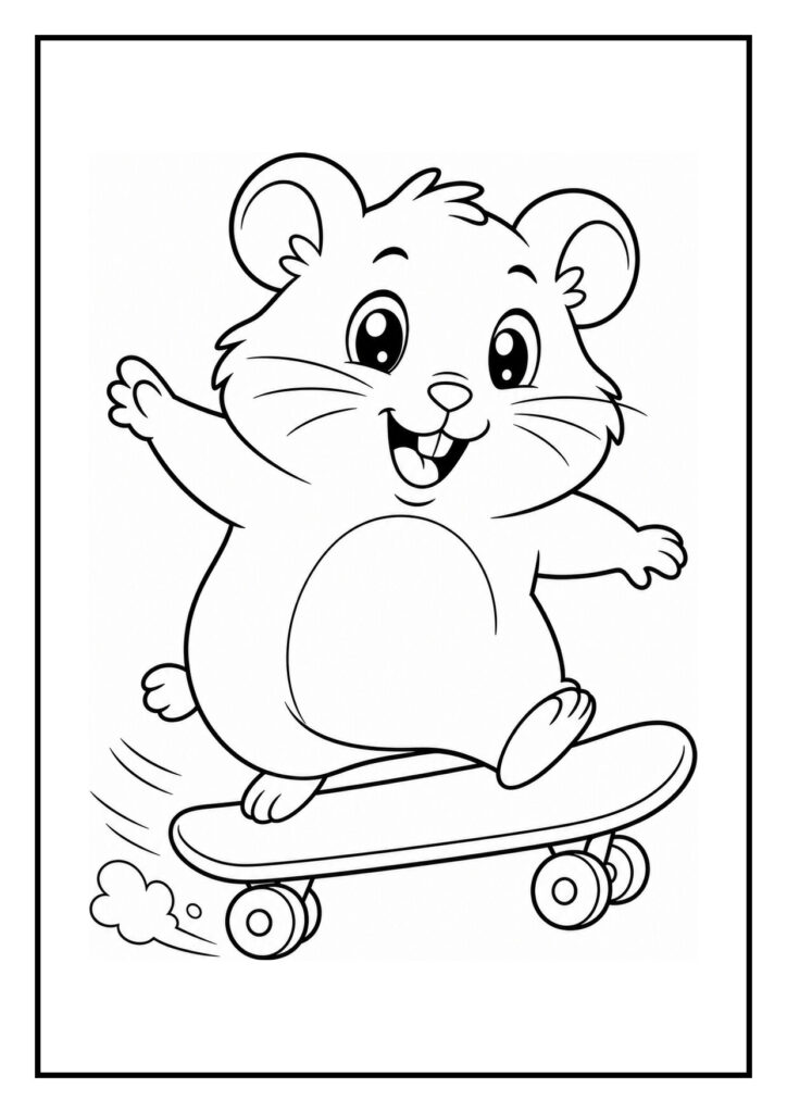 Kleurplaat van een schattige hamster die vrolijk door een kaaswiel rolt