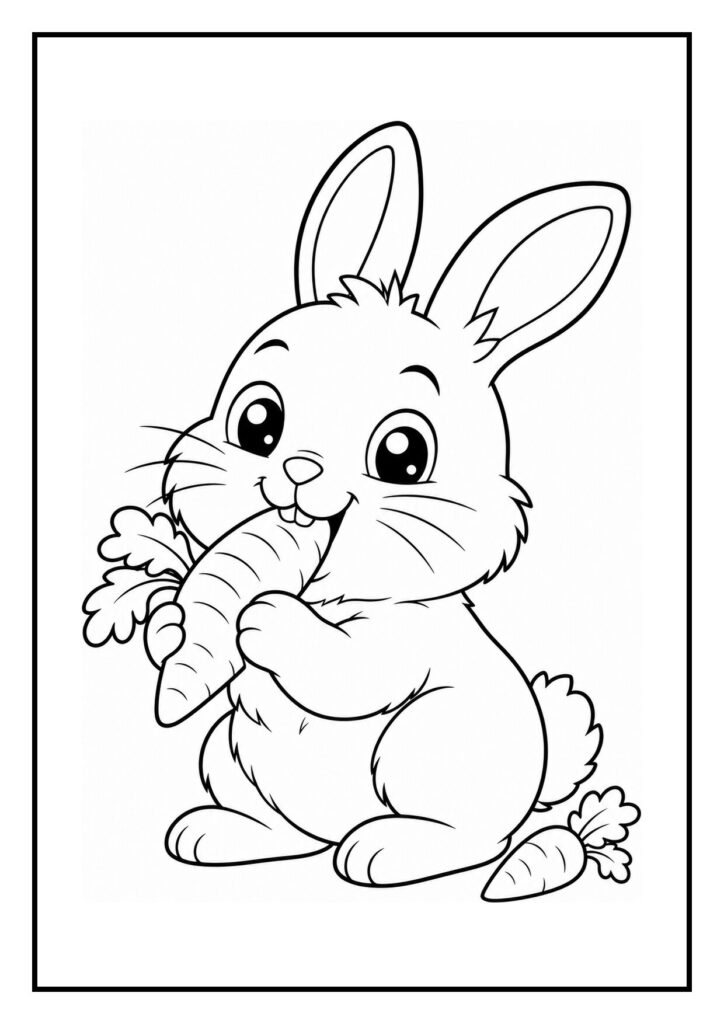 Kleurplaat van een schattig konijn dat een wortel eet met een extra wortel op de grond