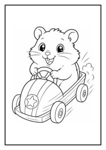 Vrolijke hamster die in een bumperauto rijdt en uit een tunnel schiet