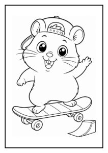 Kleurplaat van een vrolijke hamster die skateboarding doet en een petje draagt, terwijl hij van een kleine helling glijdt