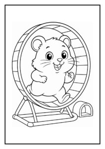 Vrolijke hamster die draait in een loopwiel op een kleurplaat voor kinderen