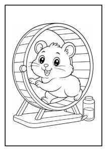 Leuke kleurplaat van een vrolijke hamster in een looprad met een snackkarretje en een flesje water naast zich