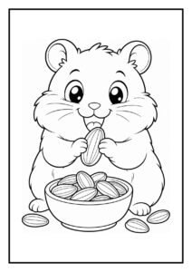 Leuke kleurplaat van een vrolijke hamster die zonnebloempitten eet uit een kom