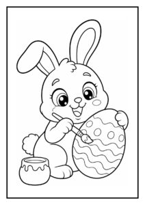 Kleurplaat van een schattig konijn dat vrolijk een lange papierrol aan het openen is.