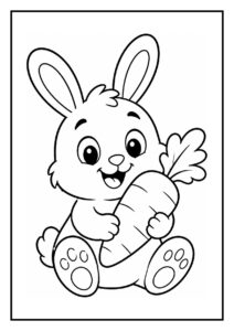 Leuke kleurplaat van een schattig konijn dat blij bovenop een stapel grote wortels zit