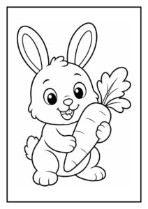 Kleurplaat van een schattig konijn dat vrolijk over een klein hordetje springt terwijl het een wortel vasthoudt.