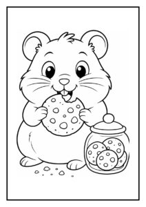 Kleurplaat van een schattige hamster die een koekje eet naast een draaimolen