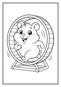 Leuke kleurplaat van een vrolijke hamster die uit een voorraadkast kruipt terwijl hij in een renwiel rent