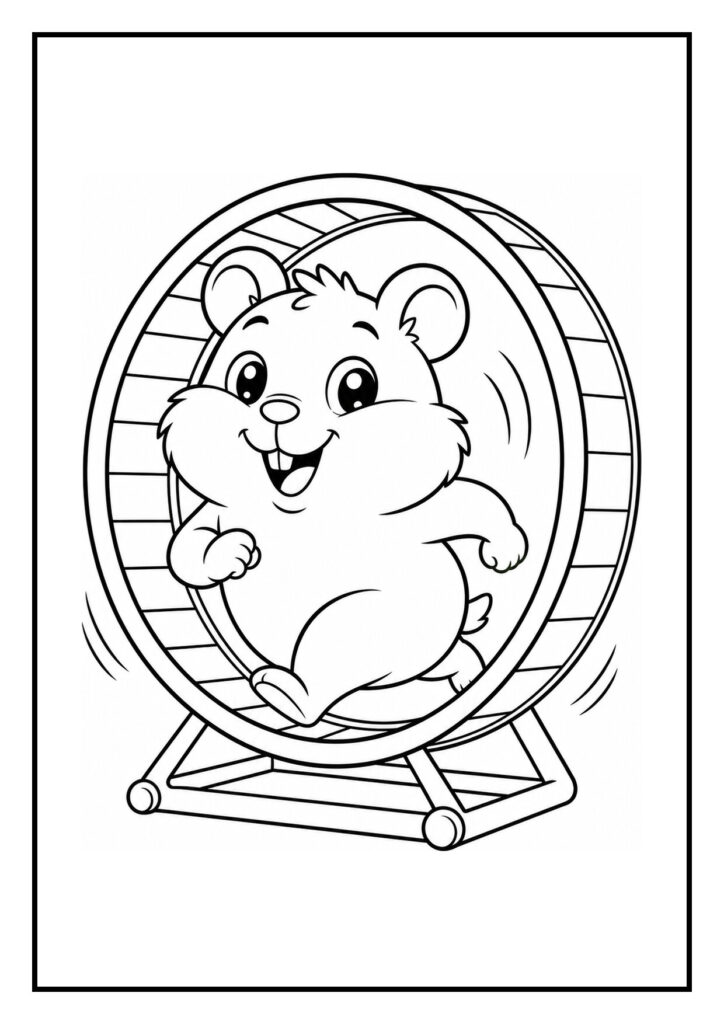 Leuke kleurplaat van een vrolijke hamster die uit een voorraadkast kruipt terwijl hij in een renwiel rent