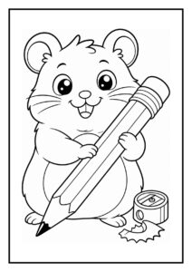 Kleurplaat van een vrolijke hamster die uit een berg zachte nestwol springt met een groot potlood en slijpsel naast zich