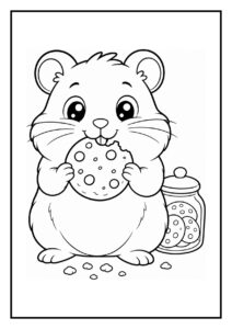 Vrolijke hamster die een koekje eet terwijl hij een bruggetje oversteekt met een pot vol koekjes op de achtergrond