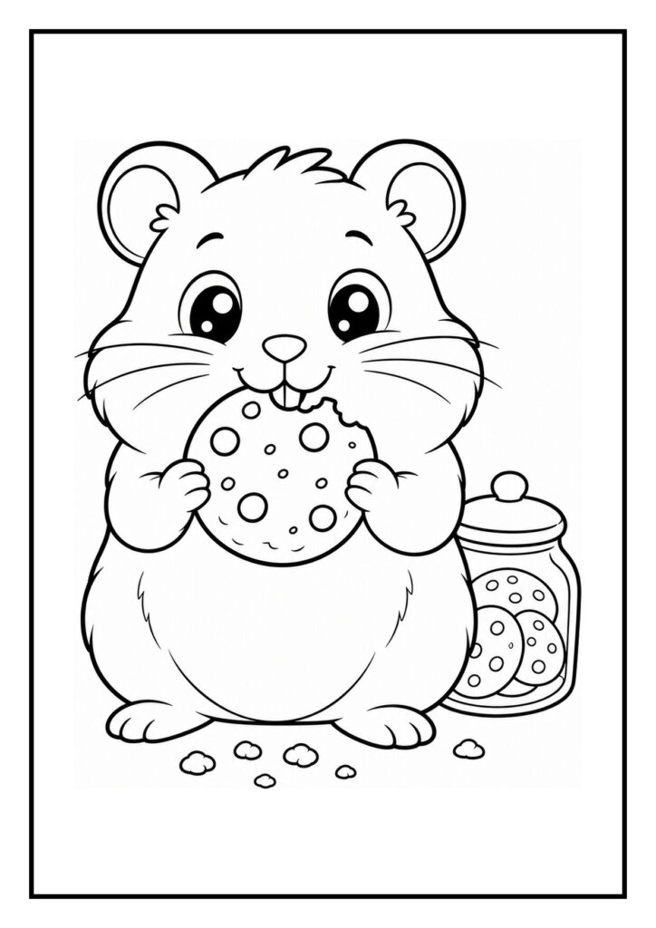 Vrolijke hamster die een koekje eet terwijl hij een bruggetje oversteekt met een pot vol koekjes op de achtergrond